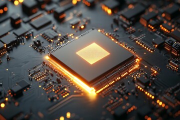 Fototapete - Close-up view of a glowing microprocessor on a circuit board showcasing intricate electronic components and connections