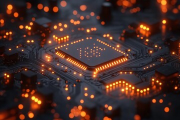 Leinwandbilder - High-tech microprocessor glowing on a silicon circuit board in a dimly lit environment