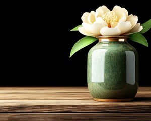 Aufkleber - Elegant Green Vase with White Flower and Leaves on Wooden Surface