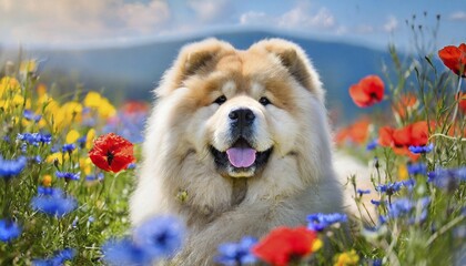 Wall Mural - AI generated, animal, animals, mammal, mammals, white chow chow, a, single animal, foraging, wildlife, Chinese dog breed, lying in a meadow with flowers, (Canis lupus familiaris)