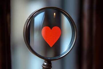 Poster - Heart symbol viewed through a magnifying glass indicating love and affection in a cozy setting