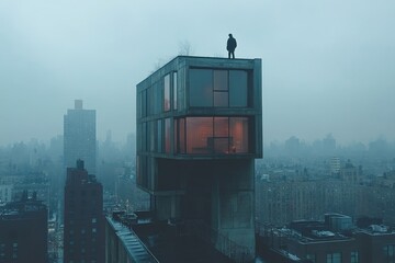 Poster - Person standing on rooftop of modern building overlooking city skyline at dusk with fog and muted colors