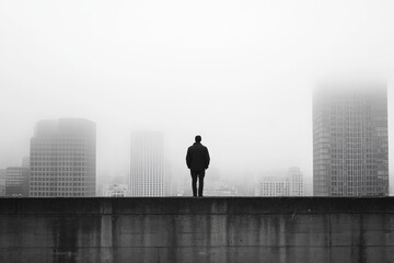 Poster - Person stands on a rooftop overlooking a foggy city skyline at dawn