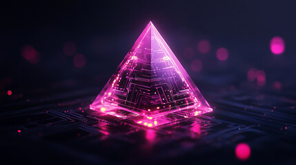 Leinwandbilder - An elegant, abstract composition showcasing a pyramid formation of translucent digital blocks with glowing circuit patterns,
