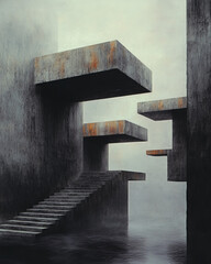 Aufkleber - A surreal environment with levitating, rotating blocks embedded with digital code, emphasizing the merging of reality and virtual elements,
