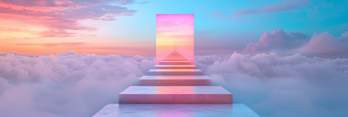 Aufkleber - A creative viewpoint revealing giant luminescent cubes forming a pathway through a foggy, futuristic landscape, encouraging exploration,