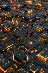 Poster - An abstract digital artwork illustrating a chaotic array of shimmering cubes, each inscribed with tiny circuit patterns,