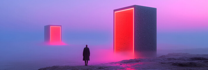 Fototapete - A creative viewpoint revealing giant luminescent cubes forming a pathway through a foggy, futuristic landscape, encouraging exploration,