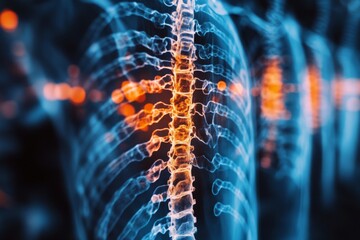 Aufkleber - Intricate detail of a human spine highlighted with glowing elements in a scientific representation