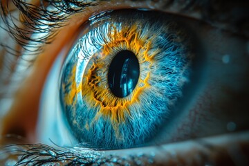 Poster - Detailed close-up of a human eye showcasing vibrant blue and orange patterns, emphasizing unique iris structure and textures