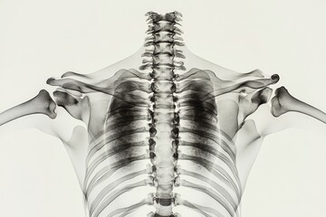 Poster - Detailed front view of human skeleton showcasing spine and shoulder structure in a medical setting