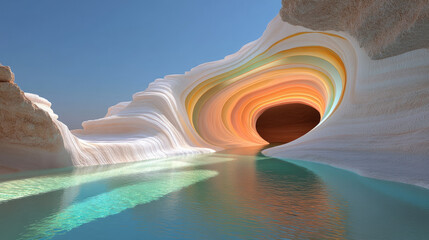 Aufkleber - A creative digital artwork depicting an abstract oasis scene, where rippling water merges with shifting sand patterns in vibrant hues,
