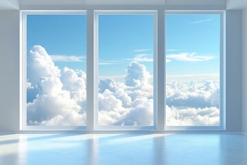 Aufkleber - Stunning panoramic view of fluffy clouds through large floor-to-ceiling windows in a bright, modern room