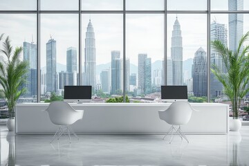 Poster - Modern office with city skyline view featuring computers and minimalist design in Kuala Lumpur