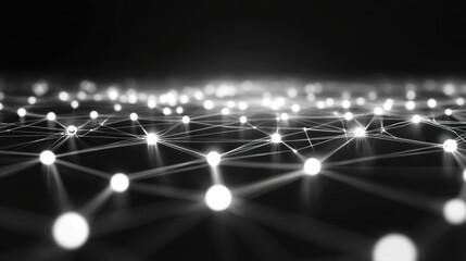 Canvas Print - Abstract monochrome network connections, featuring bright dots and lines over a dark background, representing technology and innovation in a digital world