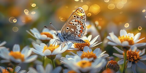 Wall Mural - Spring meadow with bright daisies in the soft light of the evening sun. A butterfly sits on one of the flowers. The background shows a pleasant bokeh. AI generated, AI generated, AI generated