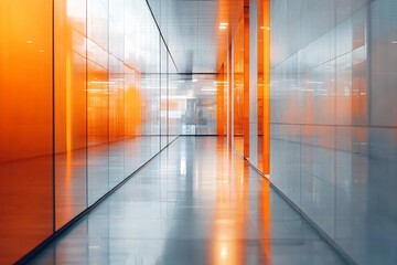 Leinwandbilder - Modern corridor with illuminated orange accents and sleek reflective surfaces in a contemporary building