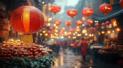 Wall Mural - Red lanterns illuminate a rainy market street