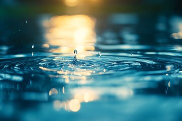 Poster - Water droplet creates ripples on surface during golden hour in tranquil setting