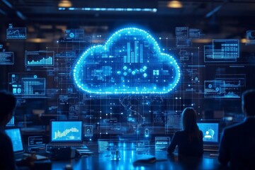 Aufkleber - Data analysts monitor cloud computing metrics in a modern office environment during evening hours