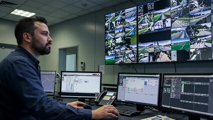 man, computer and control room with security, monitoring and surveillance for technology. caucasian,