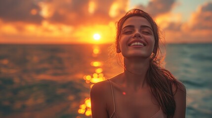 Woman smiling at sunset ocean beach summer happiness joyful