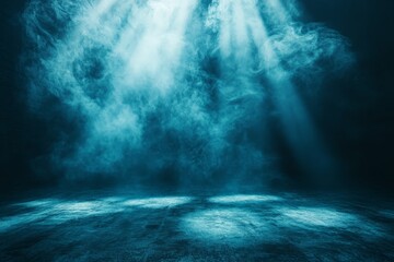 Poster - Ethereal blue light beams shining through smoke in a dimly lit space during an artistic performance