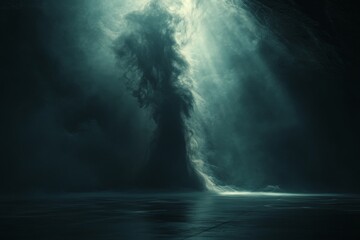 Poster - Mysterious swirling mist emerges in dark cavern illuminated by soft light