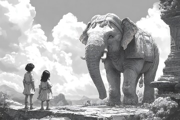 manga illustration, the kids and the baby elephant in awe of the ancient wonders they have discovere