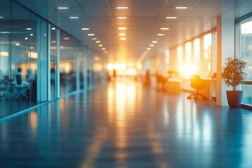 Poster - Sunlight floods a modern office corridor at sunset with reflections highlighting the serene atmosphere and quiet activity