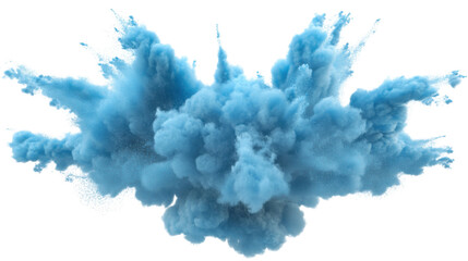 Realistic blue powder explosion creating a cloud on transparent background. Transparent background