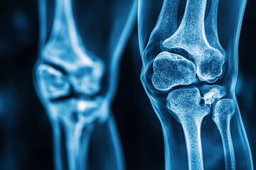 Aufkleber - Detailed X-ray of human knee joint showcasing bones and cartilage structure in blue tones