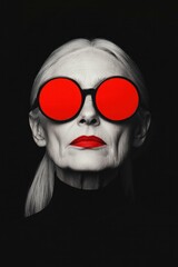 Canvas Print - Stylish elderly woman in bold red glasses with a confident expression against a black background, showcasing modern fashion and strong individuality