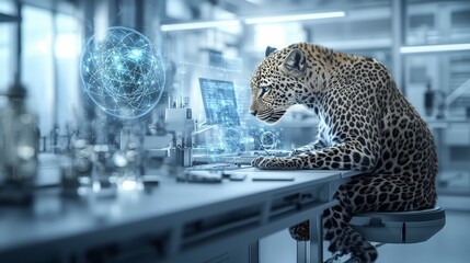 Aufkleber - A leopard physicist analyzing quantum dynamics in a futuristic laboratory high-tech environment scientific insight