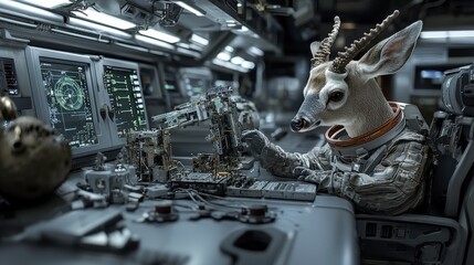 Leinwandbilder - Space technology engineer deer innovating in cosmic lab futuristic spacecraft high-tech environment close-up view