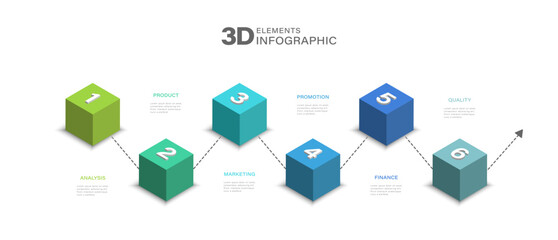 Wall Mural - 6 steps 3d cubes infographic. modern infographic template with design options and vector elements fo
