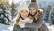 © McPHOTO/imageBROKER - AI generated, human, humans, person, persons, woman, woman, child, children, two persons, mother and daughter hugging, embrace, looking forward to each other, enjoying the snow, laughing, smiling, outdoor shot, ice, snow, winter, seasons, cap, bobble hat, gloves, winter jacket, cold, coldness