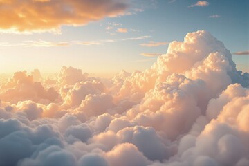 Wall Mural - Fluffy white clouds glowing in soft golden sunlight under a blue sky. Peaceful, dreamy atmosphere above the horizon. Ai generative