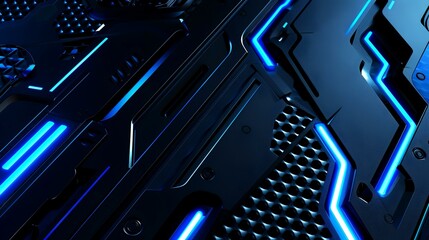 Abstract dark blue metallic tech background, glowing lines, hexagonal pattern, futuristic design, ideal for technology websites