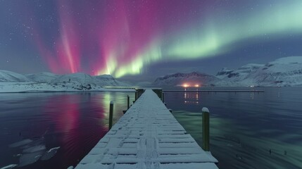 snow-covered pier overlooking calm waters under a vibrant sky filled with pink and green northern li