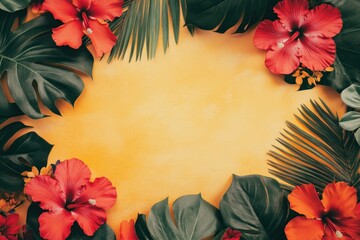 Canvas Print - Vibrant tropical floral background with red hibiscus and green palm leaves on a yellow backdrop, perfect for summer themes and vibrant designs