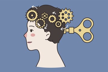 Wall Mural - Intellectual manipulation and mental health concept. Human head with brain is replaced by system of gears driven by key and scissors vector illustration Abstract vector wall art background. Minimalistic abstract wall art background for print. Scandinavian vector style