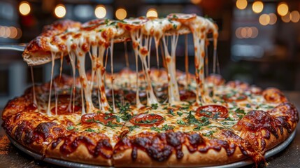 Wall Mural - A cheesy pepperoni pizza slice with a cheese pull, set against a cozy atmosphere with bokeh lights, AI generated