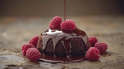 Poster - Lava cake with chocolate pouring out, styled with a drizzle of raspberry coulis and a few whole raspberries, isolated on a rustic table