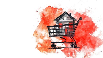 Wall Mural - A minimalist watercolor painting depicting a shopping cart with a house inside, set against a white background