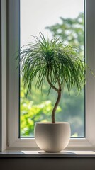 Wall Mural - a potted ponytail palm plant by the window in minimalist style of indoor plants