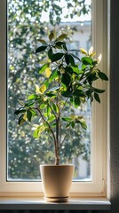 Wall Mural - a potted wax plant (hoya carnosa) by the window in minimalist style of indoor plants