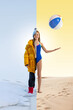 © master1305 - Girl dressed in yellow winter jacket on one side, and blue swimsuit on another. One foot in snow, one in sand, with beach ball in hand. Concept of adventure, vacation, and travel duality.