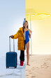 © master1305 - Girl split between cold and warm destinations, carrying a suitcase and umbrella, dressed in winter jacket and swimsuit on different sides. Ready for journey. Concept of holiday, vacation, travelling