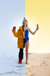 © master1305 - Hot and cold journey. Girl dressed in winter jacket and swimsuit, standing between winter and summer, holding coffee cup on one side and ice cream on other. Concept of holiday, vacation, travelling